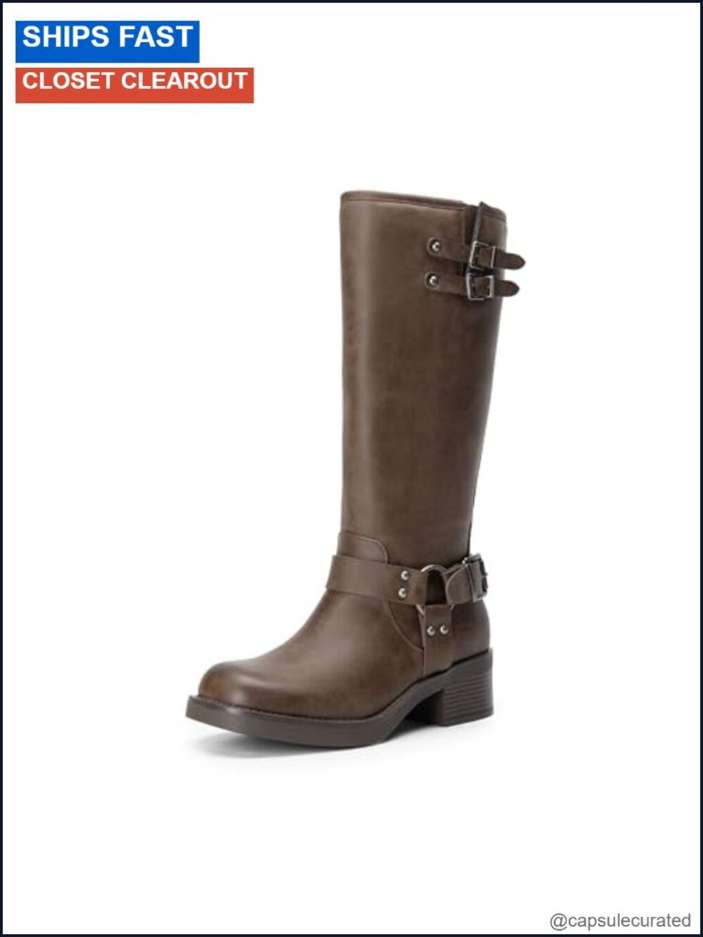 Women's Moto Knee High Boots Square Toe Block Heel Faux Leather Side Zip